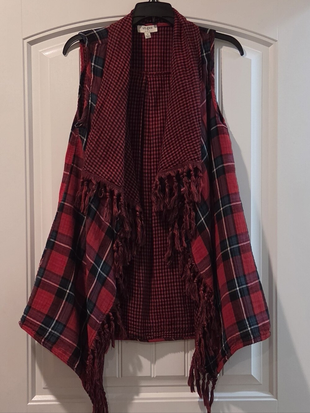 Umgee Red Plaid Fringe Open Vest